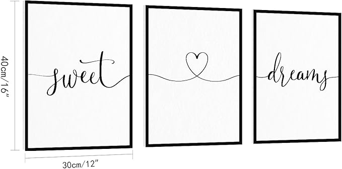 Sweet Dreams Wall Decor Above Bed: 3 Piece Modern Farmhouse Bedroom Art Set, Minimalist Black and White Framed Signs, Rustic Country Wall Art for Master Bedroom Guest Room, 12x16 Inches