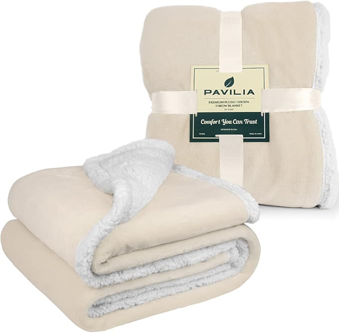 PAVILIA Sherpa Fleece Throw Blanket for Couch, Twin Size, Cream Beige, Plush Soft Fuzzy Sofa Blanket, Cozy Reversible Winter Throw for Women Men, 60x80 Inches