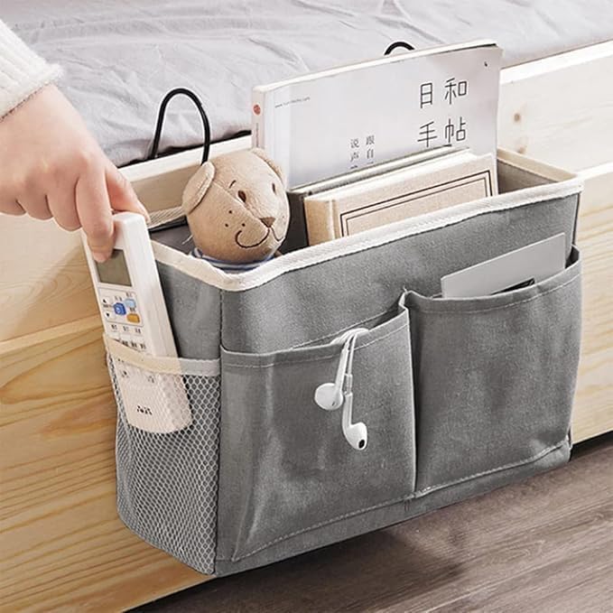 Premium Linen Hanging Bedside Caddy Organizer – Multi-Pocket Bedside Storage for Bedroom, Dorm & Hostel | Bedside Hanging Basket for Books, Remote, Mobile, Glasses & Essentials(HANGGING BAG)