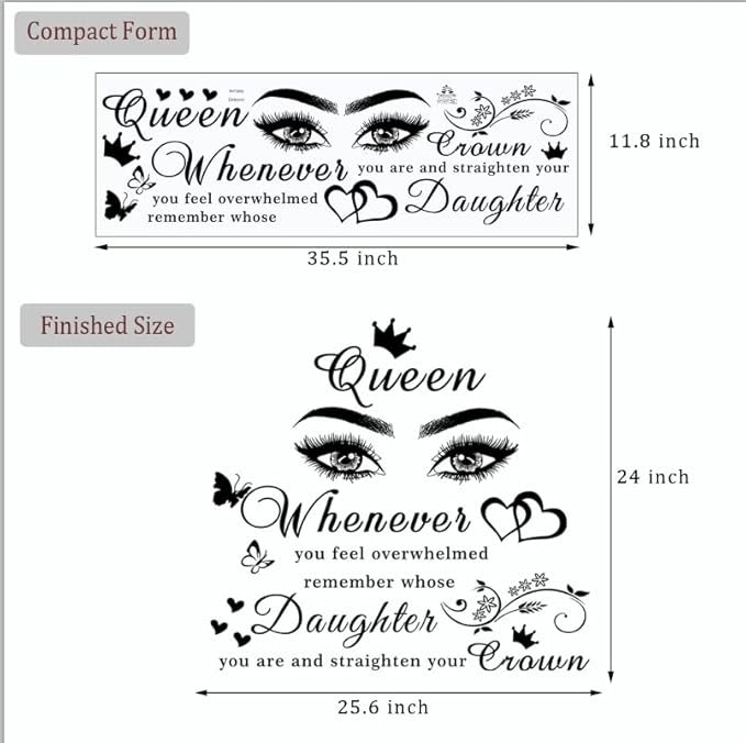 Girls Inspirational Wall Stickers Wall Art Quote Queen Wall Decals Positive Motivational Butterfly Decor Eyes Wall Sticker for Women Girls Bedroom Living Room Beauty Salon Home Decor.