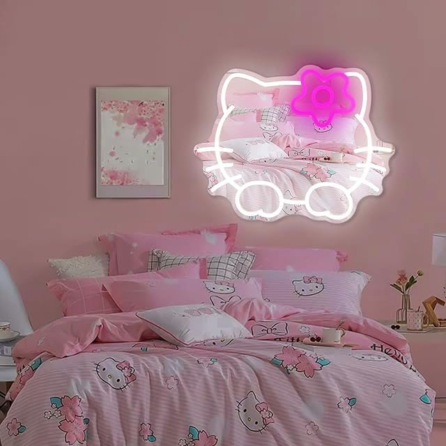 Anime Hello Kit Mirror Neon sign Dimmable Led Neon Mirror Sign for Dresser indoor Room Decor Cat Wall Neon Light Up Sign Bedroom Wall Gifts