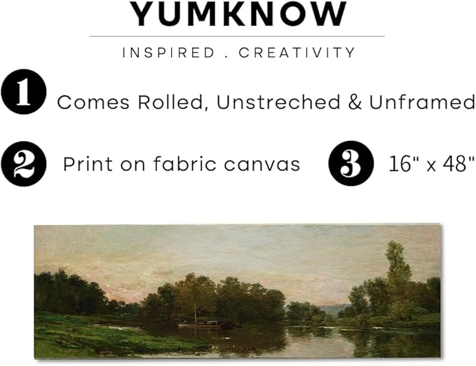 Rolled Canvas Vintage Farmhouse Bedroom Wall Decor Above Bed - Horizontal Wall Art Entryway - 16x48 - Panoramic Landscape Picture Sign - Canvas Muted Moody Pond Boat Cottagecore Fishing Print Poster