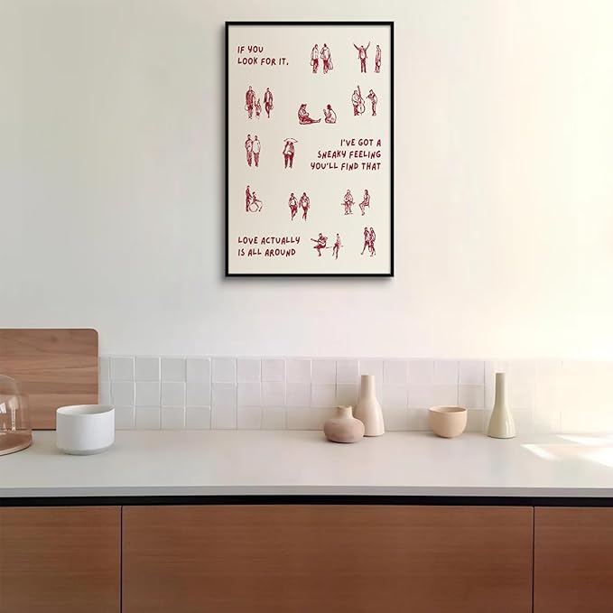 Beige and Red Canvas Wall Art, Love Actually Is All Around Warming Quote Poster, Neutral Hues Tiny People Walking Picture, Minimal Typography Print for Bedroom Living Room 24x36in Framed