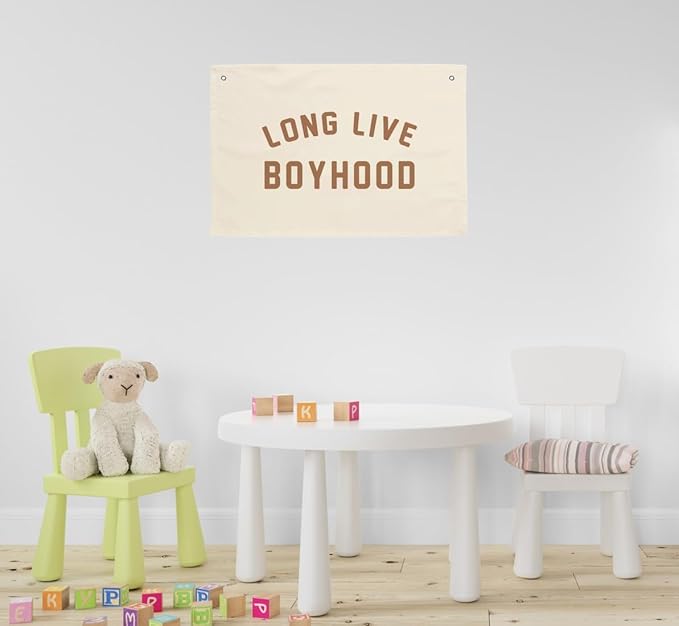 MINI ZOZI Long Live Boyhood Hanging Flag 20X30 Banners Orange Canvas Wall Decor Art Sign Boys Room Boy Bedroom Banner Toddler Playroom Baby Kids Nursery Fabric Flags Tapestry