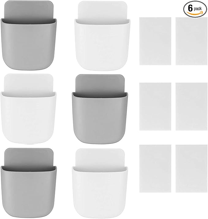 6 Pcs Remote Control Holder Wall Mounted, Self-Adhesive Wall Mount Phone Pen Pencil Makeup Brushes Glasses Holder Storage Box Organizer for Wall Beside Table (3 White+ 3 Grey)