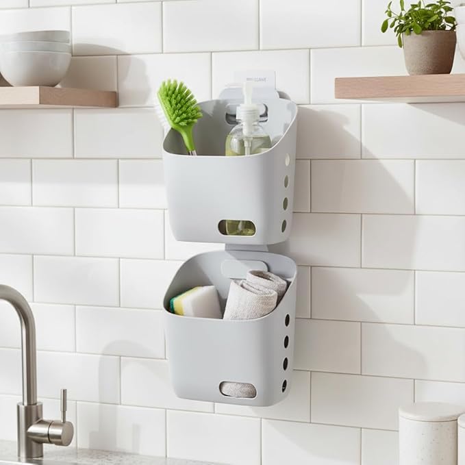 LeleCAT Plastic Hanging Basket Kitchen Storage organizer, Basket with Detachable hook, Hang it behind a door or on a railing, Over the Cabinet Door (Light Gray, Small) 2pack