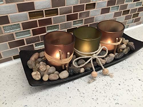 Centerpiece Table Decorations 3 Pieces Candle Holders with Tray and Rocks, for Living Room, Dining Room, Bedroom, Entryway Table Home Decor Romantic Holiday Wedding Party Gift Coffee Table Decor