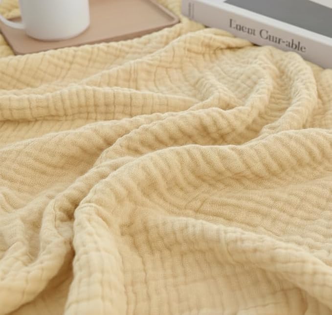 KyraHome 100% Organic Cotton Muslin Throw Blankets for Adults, Pre-Washed Plant Dyed, Women, Couch, Toddler, Lightweight Soft Gauze Blanket for Couch, All Season, Creamy