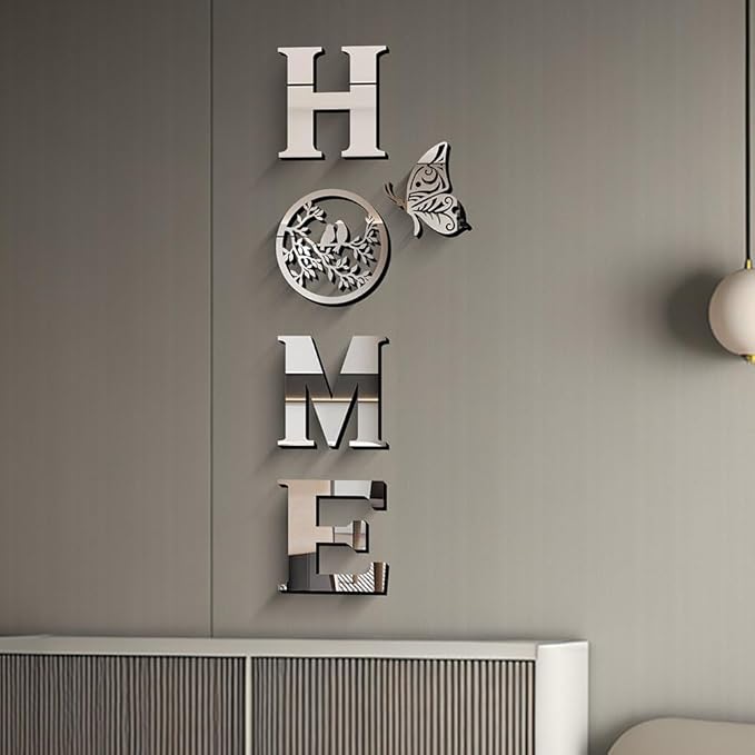 CrazyDeal Home Signs Wall Decor Letter Signs Length Mirror Wall Stickers Decorations for Living Room Bedroom Farmhouse The Home Modern Decorations Bird Wall Art Large（Silver Acrylic,49.2 X 15.7 Inch）