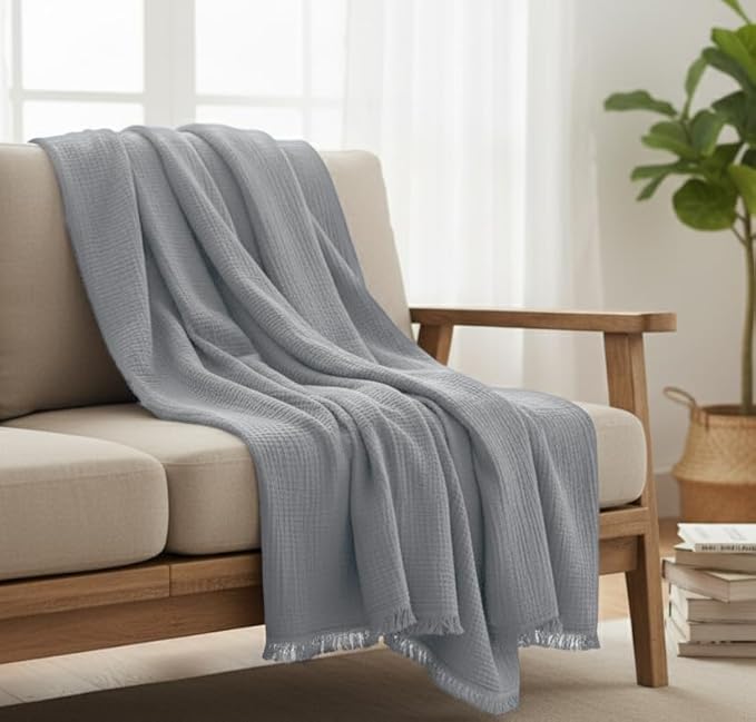 KyraHome 100% Organic Cotton Blanket 90"x90" Queen Muslin Blankets for Adults, Bed, Plant Dyed, Breathable Gauze Bedspread, Coverlet, All Season, Light Grey