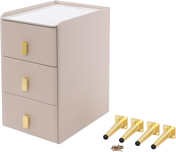 Narrow Nightstand with 3 Drawers, Narrow Side Table End Table Leather Bedside Cabinet Slim Storage Bedside Table for Small Space Bedroom Living Room Dormitories (Pink)