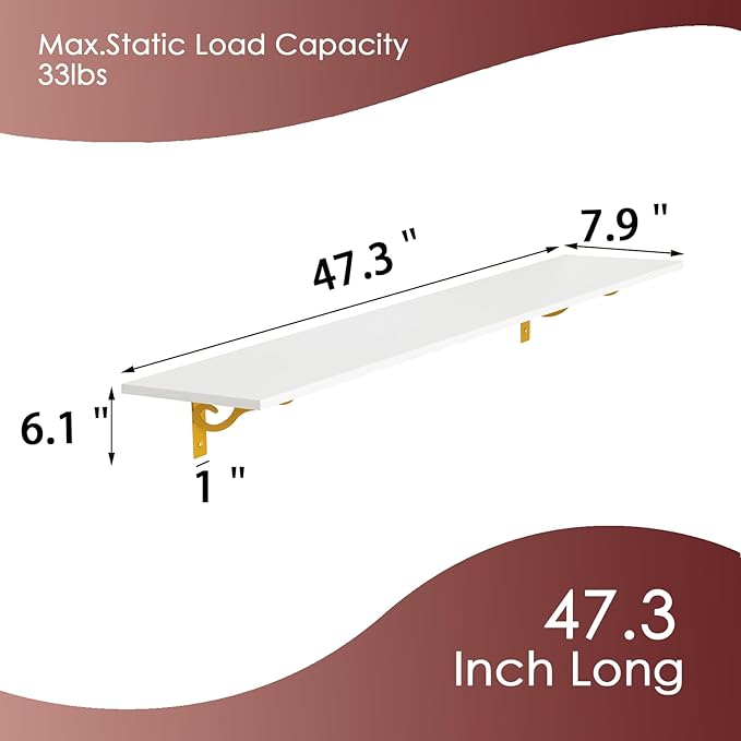DINZI LVJ Long Wall Shelves, Set of 4, 47.3" Wall Mounted Shelves, Large Floating Shelves for Storage with Metal Brackets, for Living Room, Bathroom, Bedroom, Kitchen, White and Gold