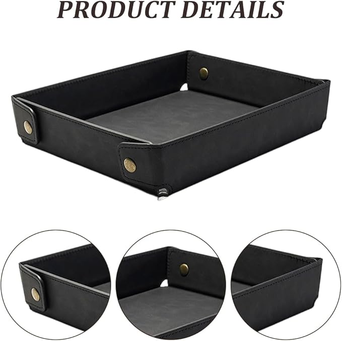 Black PU Leather Jewelry Valet Tray Foldable Leather Necklace Storage Case Portable Catchall Travel Dish Plate Pendant Organizer Holder Container for Men Women Desk Bedside Drawers