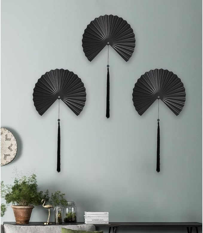 ITrixgan Wall Fan Decor Minimalist Black Wall Art for Living Room, Decorative Metal Wall Decor Fan with Tassels for Bedroom Above Bed TV, Modern Black Metal Wall Art Fan Set of 2