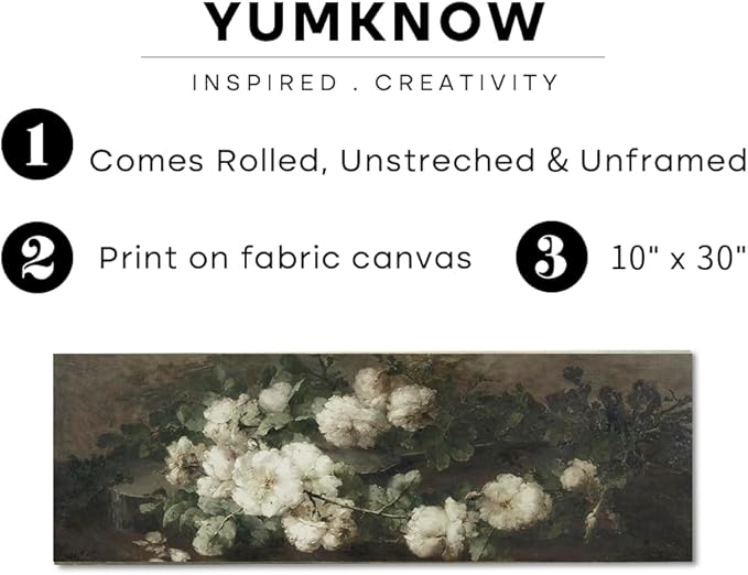 Vintage Farmhouse French Country Bedroom Wall Decor Above Bed - 10x30" - Horizontal Wall Art Over the Bed - Panoramic Landscape Picture Sign - Canvas Oil Painting Long Narrow White Flower Print Poster