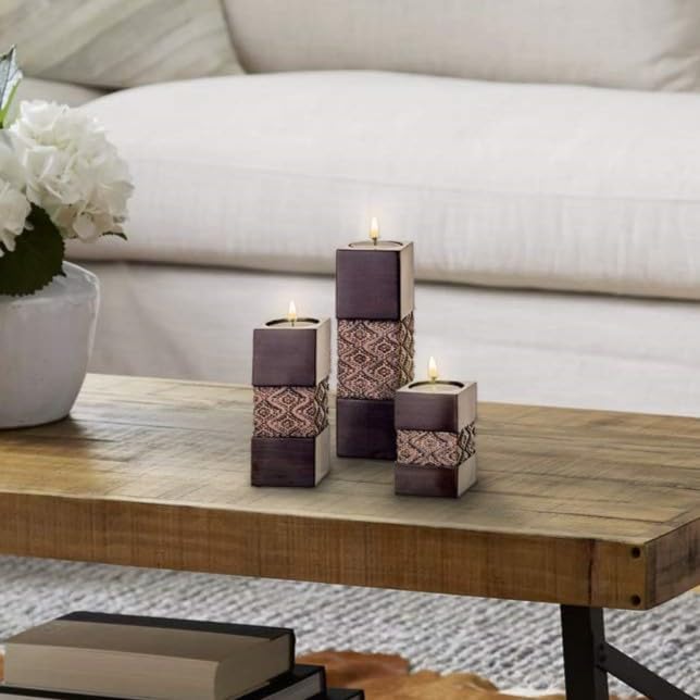 Creative Scents Dublin Brown Set of 3 Small Tealight Candle Holders Table Decor Gift Set - Centerpieces for Living/Dining Room Table, Coffee Table Decor for Fireplace/Entrance or Bathroom