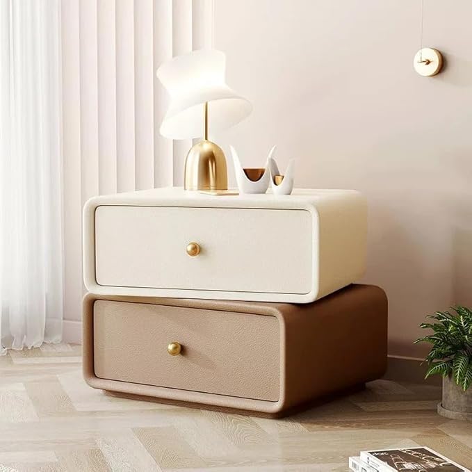 360° Rotating Nightstand – Handcrafted Solid Wood & Leather Bedside Table with Dual Storage Drawers for Modern Home Decor (White-Brown)