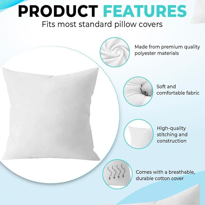 QUBA LINEN Throw Pillow Inserts (Set of 5, White), 18x18 Inches - Premium Cushion Fillers for Sofa, Bed, and Home Décor (18x18 Inch (Pack of 5))