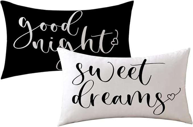 Bedding Decorative Lumbar Pillowcases Sweet Dreams Good Night Cushion Covers Sleep Themed Decorative Throw Pillow Covers 12''x20'',2Pack Super Soft for Bedroom Guest Room Housewarming Gifts (Black)