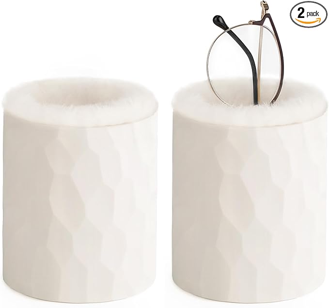 Mkono Plush Lined Eyeglasses Holder Protective Glasses Holder Stand Case Anti-scratch Glasses Storage Organizer for Table, Desk, Nightstand, Office, Ivory, Set of 2