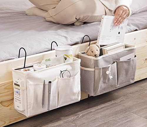Bedside Caddy,Hanging Basket Bedside Organizer Storage for College Bunk Dorm Rooms Hospital Beds Rails,Grey Canvas Sturdy Iron Frame with Side Mesh Pocket for Glasses Books Phones Keys Cable