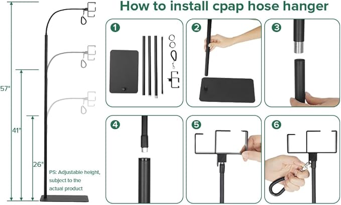 CPAP Hose Holder for Bedside -All-Metal Stand with Aluminum Hook |NoWall Drilling | Fits ResMed/Philips/AirSense Tubing | Helps Keep Hose Clean &Tangle-Free