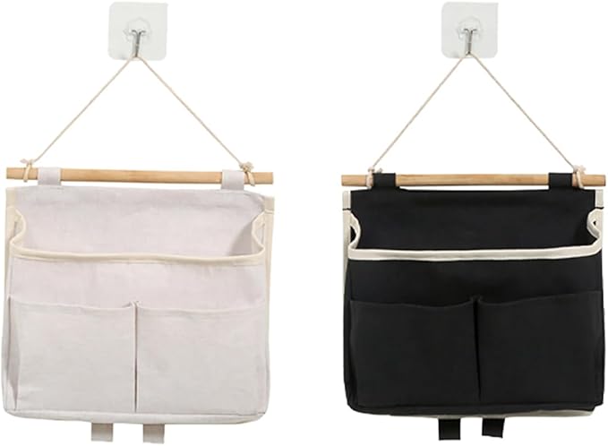 Hanging Storage Organiser 2Pcs Waterproof Wall Hanging Bag Linen Cotton Organizer Wall Basket, Closet Hanging Pouch with Hooks for Bedroom Bathroom Kitchen