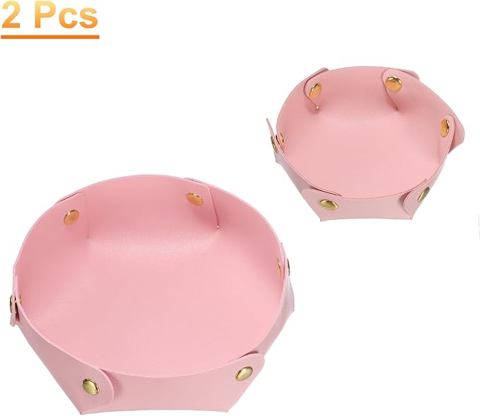 HARFINGTON 2pcs PU Leather Valet Tray Unisex Valet Tray Folding Round Catchall Tray Portable Entryway Table Tray Nightstand Bedside Desk Tray for Key Watch Coin Jewelry Dice, Pink
