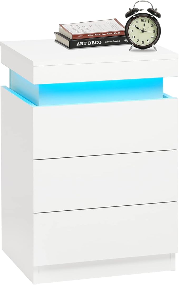 ADORNEVE Nightstand with Charging Station and LED Lights,Night Stand with Sliding Top for Bedroom,Bedside Table with Drawers,Modern End Side Table,White