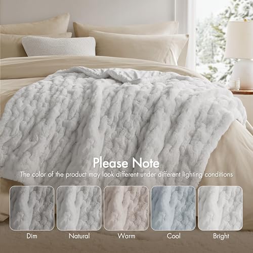 Madison Park Ruched Luxury Throw Premium Soft Cozy Brushed Long Faux Fur For Bed, Couch or Sofa, 50"x60", Silver Grey