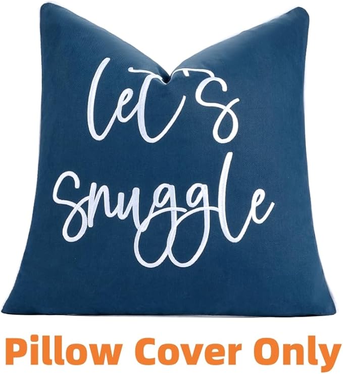 Sunkifover Let's Snuggle DecorativeThrow Pillow Cover - 18" x 18" Blue and White Cotton Embroidery Square Throw Pillowcase for Bed, Bedroom, Living Room, Home Decor