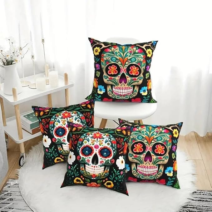 Set of 4 Day of The Dead Skull Linen Pillow Covers 18x18inch, Mexican Style Throw Pillowcase Dia De Los Muertos Decorative Skull with Colorful Floral Cushion Cover for Halloween Outdoor Home Bed Sofa
