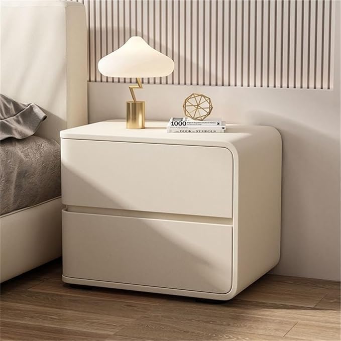 Minimalist Bedside Table Wood Bedside Furniture, Leather Nightstand with 2 Drawer Storage Modern Night Stand for Bedroom, Living Room, 17.7x15.7x18.9inch(Beige,Right)