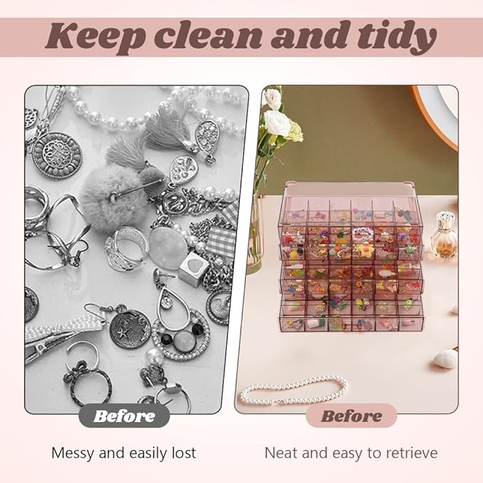 Jewelry Organizer, Earring Holder Organizer Box with 3 Layers, 72 Grids Earring Case, Jewelry Box for Girls, Craft Storage Containers for Nail Charms, Ring, Earrings(Tan)