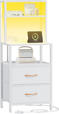 Furnulem Night Stand, Tall White Nightstand with 4-Tier Shelves, 2 PU Fabric Drawers and Light Tube, Bed Side Tables with Charging Station, Bedside Table for Bedroom