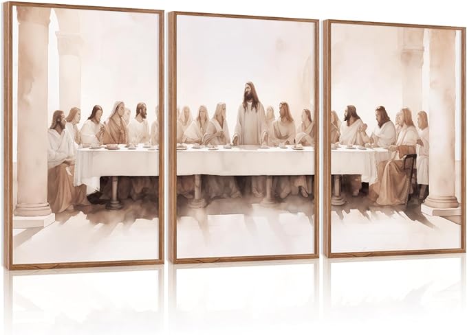 CHDITB Jesus Last Supper Framed Canvas Wall Art Set Of 3, Christian Twelve Apostle Wall Decor, Scripture Jesus Wall Painting,Bible Renaissance Easter Art Prints For Dining Room Church (12X16 Inch)