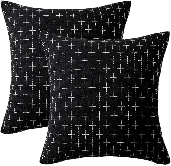 MIULEE Pack of 2 Decorative Burlap Linen Throw Pillow Covers Modern Farmhouse Pillowcase Rustic Woven Textured Cushion Cover for Sofa Couch Bed 16x16 Inch Black