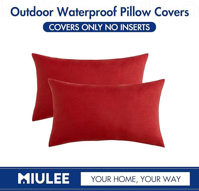 MIULEE Pack of 2 Decorative Outdoor Solid Waterproof Throw Pillow Covers Faux Linen Garden Farmhouse Cushion Cases for Summer Patio Tent Balcony Couch Sofa 20x12 Inch Red