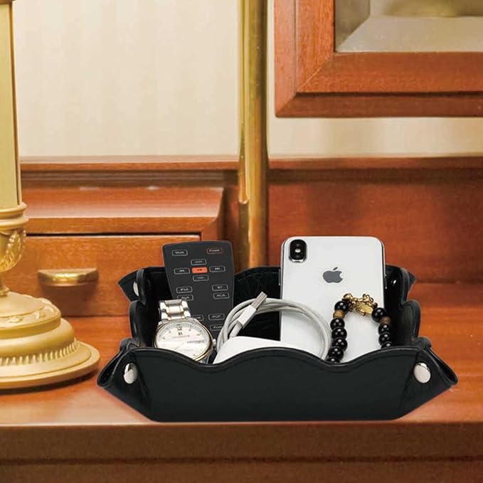 Valet Tray for Men Women 2 Pack - PU Leather Travel Catchall Tray Organizer - Desk Bedside Nightstand Storage Box for Jewelry Key Phone Remote Controller Wallet Readers -White and Black