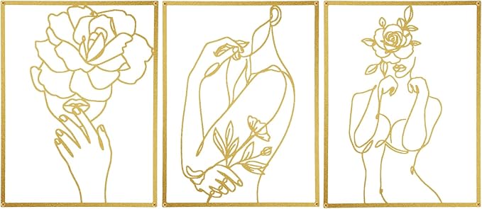 GOKURVG Wall Art Over Bed Wall Decor 3Pcs Metal Wall Art Above the Bed Wall Decor Minimalist Single Line Art Flower Woman Wall Art Gold Room Decor for Bedroom Modern Wall Art for Indoor 16.5x12.5in