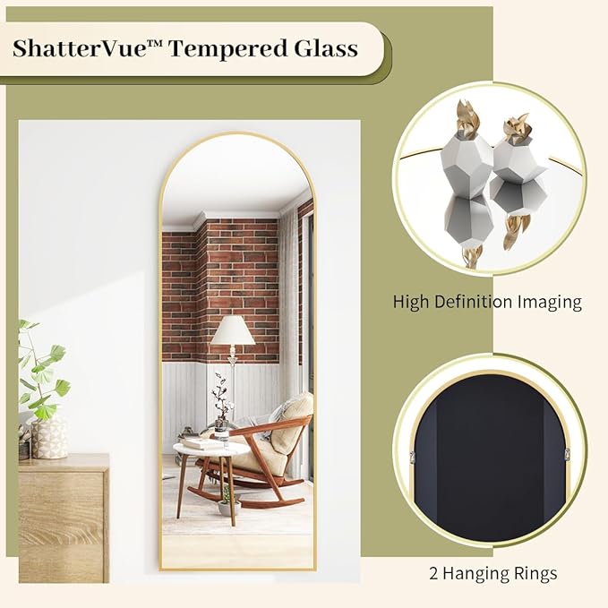 BEAUTYPEAK 65"x24" Full Length Mirror, Arch Full Body Floor Mirror, Wall Mirrors Hanging or Leaning Arched-Top with Stand for Bedroom, Dressing Room, Living Room, Gold