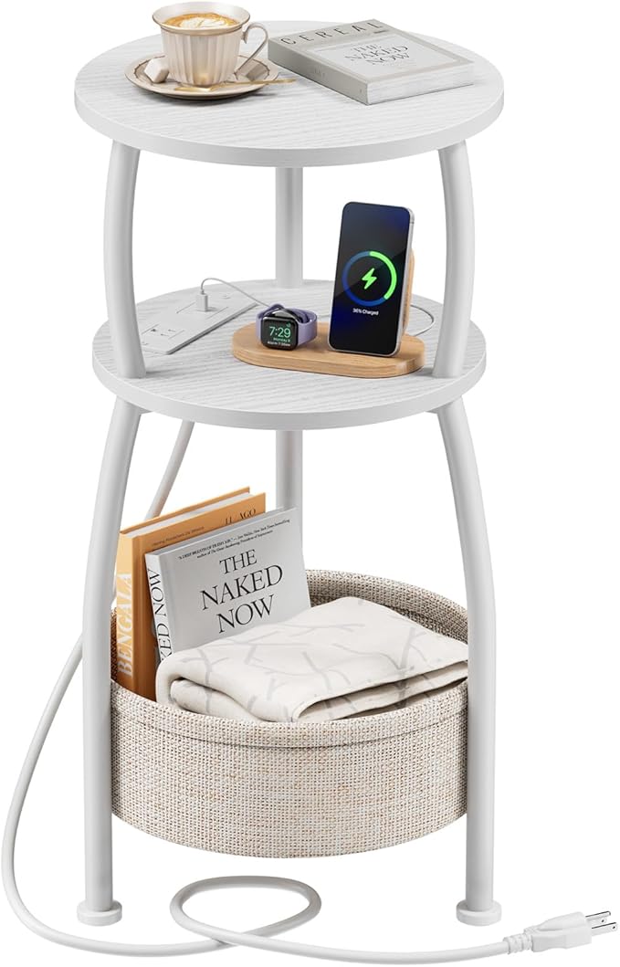 Round Side Table, 3-Tier End Table with Power Outlets, Small Table with Storage Basket, Coffee Table Sofa Side Table for Small Spaces, Nightstand for Living Room Bedroom 11.81in Matte White