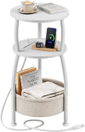Round Side Table, 3-Tier End Table with Power Outlets, Small Table with Storage Basket, Coffee Table Sofa Side Table for Small Spaces, Nightstand for Living Room Bedroom 11.81in Matte White