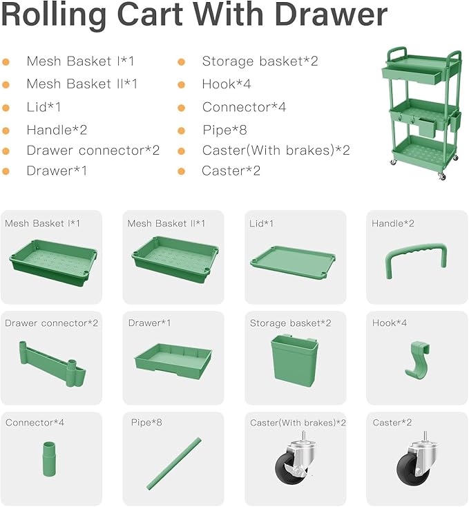 3 Tier Rolling Cart Organizer,Laundry Room Bathroom Organizers and Storage Office Shelves Mobile Shelving Unit Kitchen Trolley Cart with Wheels for Art,Craft,Diaper,Bedside,Snack(Green)