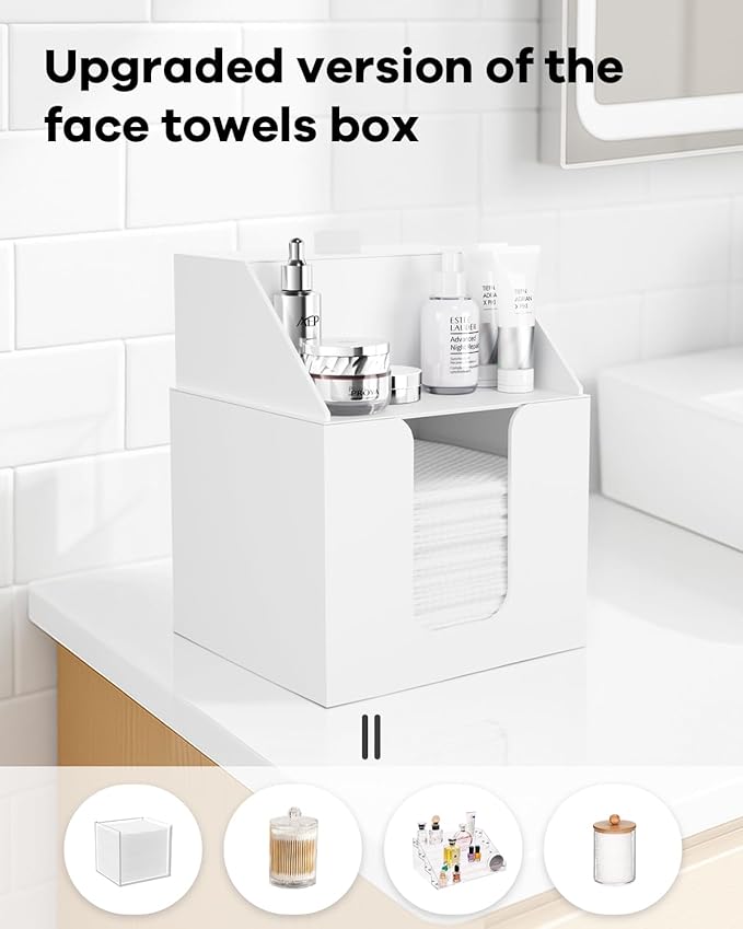 Disposable Facial Towels Storage Box Compatible with Clean Skin Club Clean Towel XL - Cotton Pads - Swabs Upgraded Double Layer Acrylic Storage Container Face Towel Holder (Matte White)