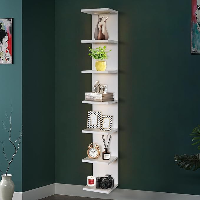 7 Tier Wall Shelf with Lights, White Lack Wall Shelf, Display Floating Shelves with Remote Control for Home Decor Bedroom Vanity