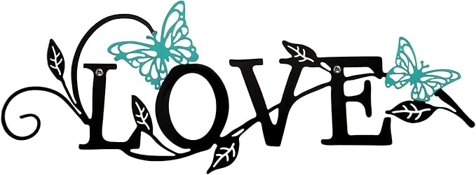 Metal Butterfly Love Sign Wall Decor Metal Black Love Word Sign Rustic Home Letter Ornament Cutout Teal Bedroom Decor for Home Office Living Room Hanging Wall Decorations 14 x 5 Inch