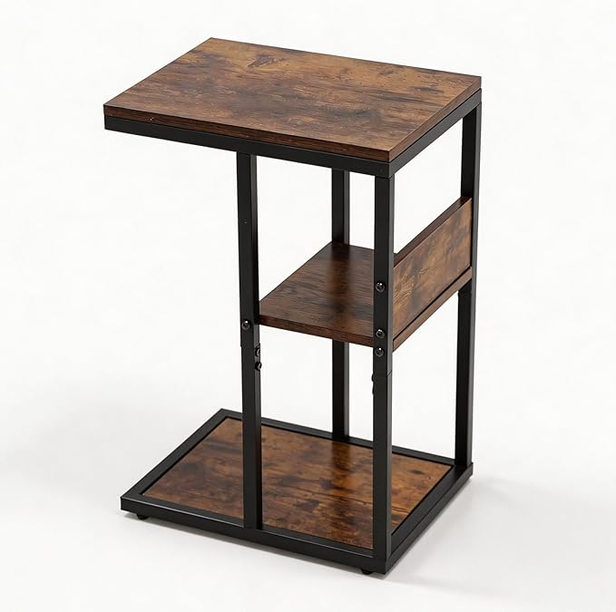 King Oasis 3-Tier Brown Metal Side Table - Industrial End Table & Nightstand with Adjustable Feet, 80LB Sturdy Small Bedside Table Storage Shelf for Living Room, Bedroom, and Small Spaces