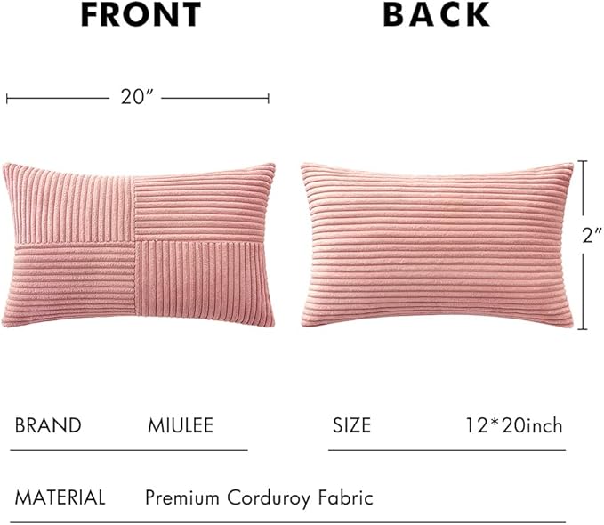 MIULEE Blush Pink Decorative Lumbar Throw Pillow Covers 12x20 Inch for Couch Bed Sofa Valentines Day Pack of 2 Boho Farmhouse Throw Pillows Soft Cross Corduroy Patchwork Textured Cushion Cases