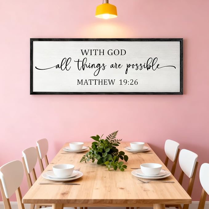 With God All Things are Possible Framed Wall Art, 40''×15'' Positive Holy Religious Rustic Bible Verse for Christian God Jesus Christ Prayer, Vintage Horizontal Inspirational Catholic Scripture Decor